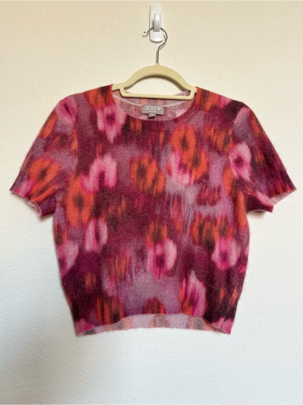 J. Crew Pink & Burgundy Short-Sleeve Floral Cashmere Sweater